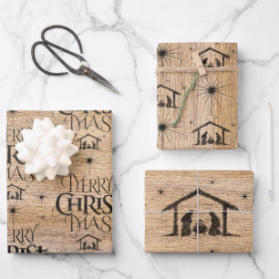 Rustikale Holz-Weihnachts-Nativität Christlich Geschenkpapier Set