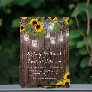 Rustikale Holz-Weinreben-Sonnenblumen-Hochzeit Einladung