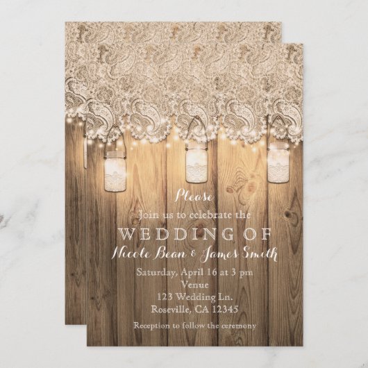 Rustikale Holzbalken und leuchtende Mason Jars Wed Einladung (Vorne/Hinten)