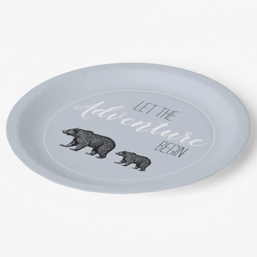 Rustikale Holzbären Adventure Baby Dusche Pappteller (Schrägansicht)