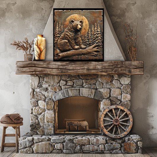 Rustikale Holzbärenbaume, die die Sonne bestimmen Poster