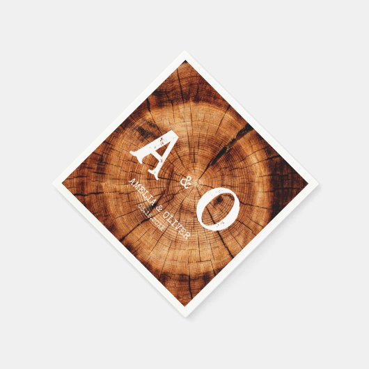 Rustikale Holzbaum-Slice-Monogramm-Hochzeit Serviette (Ecke)