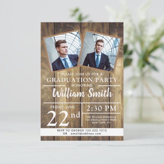 Rustikale Holzbearbeitung Party mit 3 Fotos Einlad Einladung (Stehend Vorderseite)