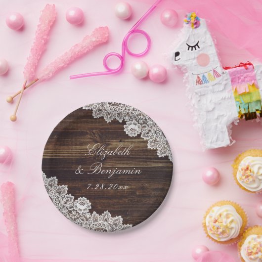 Rustikale Holzblumen-Schnürsenkel Pappteller (Party)