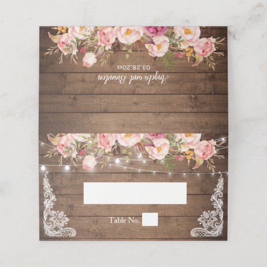 Rustikale Holzblumen-Schnürsenkel Platzkarte (Außenseite Aufgefaltet)