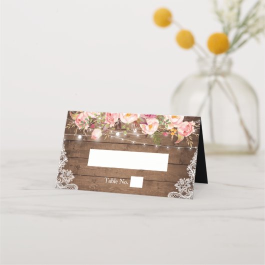 Rustikale Holzblumen-Schnürsenkel Platzkarte (Vorderseite)