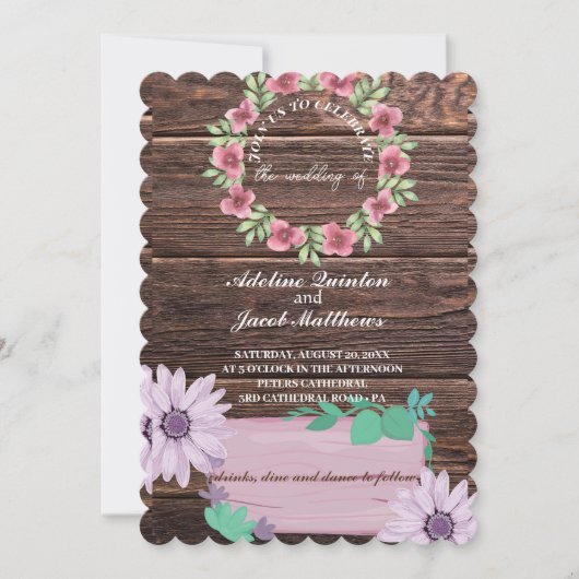 Rustikale Holzblumen-Script und Foto-Hochzeit Einladung (Vorderseite)