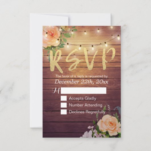 Rustikale Holzblumen-String Light Wedding RSVP Ant (Vorderseite)
