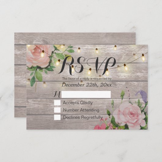 Rustikale Holzblumen-String Light Wedding RSVP Ant (Vorne/Hinten)