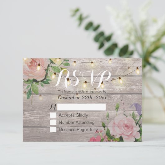 Rustikale Holzblumen-String Light Wedding RSVP Ant (Stehend Vorderseite)