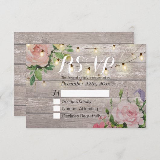 Rustikale Holzblumen-String Light Wedding RSVP Ant (Vorne/Hinten)