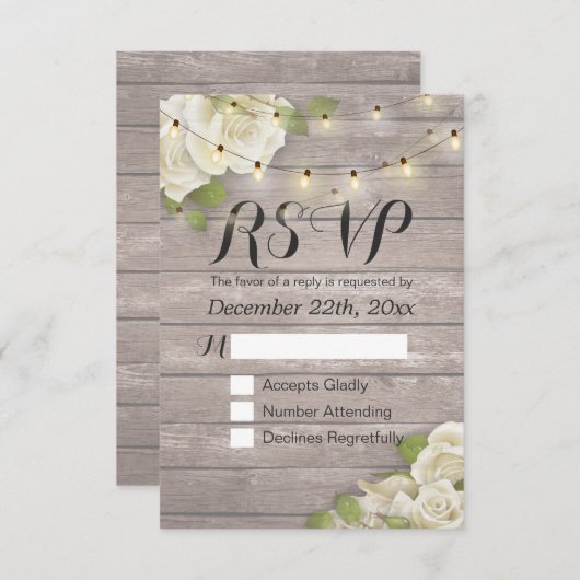 Rustikale Holzblumen-String Light Wedding RSVP Ant (Vorne/Hinten)