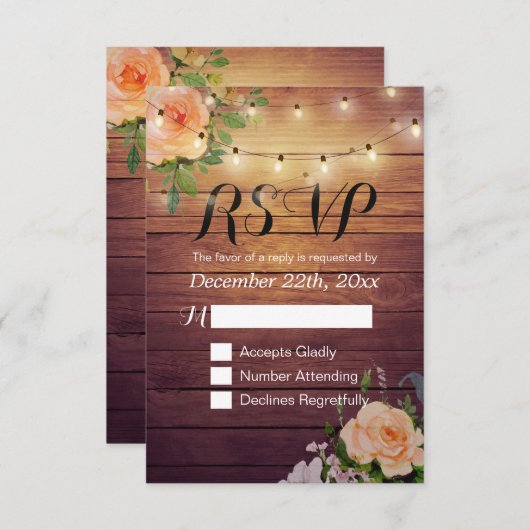 Rustikale Holzblumen-String Light Wedding RSVP Ant (Vorne/Hinten)