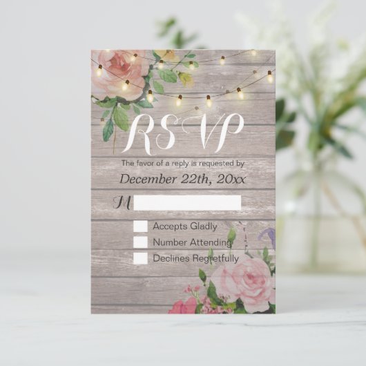 Rustikale Holzblumen-String Light Wedding RSVP Ant (Stehend Vorderseite)