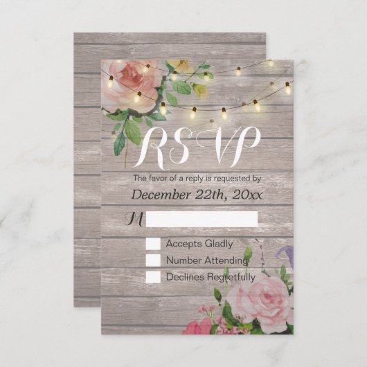Rustikale Holzblumen-String Light Wedding RSVP Ant (Vorne/Hinten)