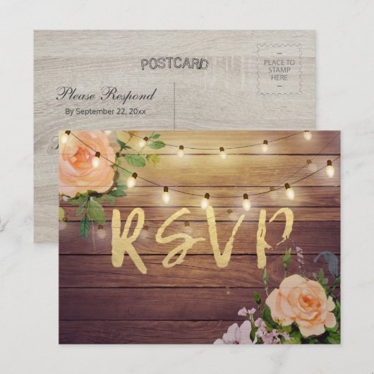 Rustikale Holzblumen-String Light Wedding RSVP Ant Einladungspostkarte (Vorne/Hinten)