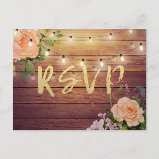 Rustikale Holzblumen-String Light Wedding RSVP Ant Einladungspostkarte (Vorderseite)