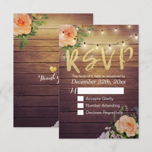 Rustikale Holzblumen-String Light Wedding RSVP Ant Karte (Vorne/Hinten)