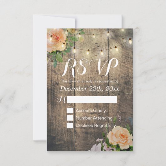Rustikale Holzblumen-String Light Wedding RSVP Ant Karte (Vorderseite)
