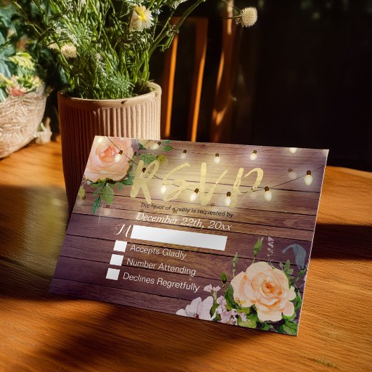 Rustikale Holzblumen-String Light Wedding RSVP Ant Karte