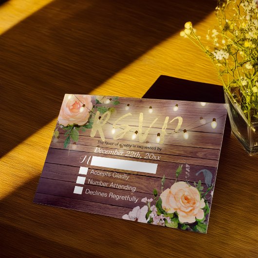 Rustikale Holzblumen-String Light Wedding RSVP Ant Karte