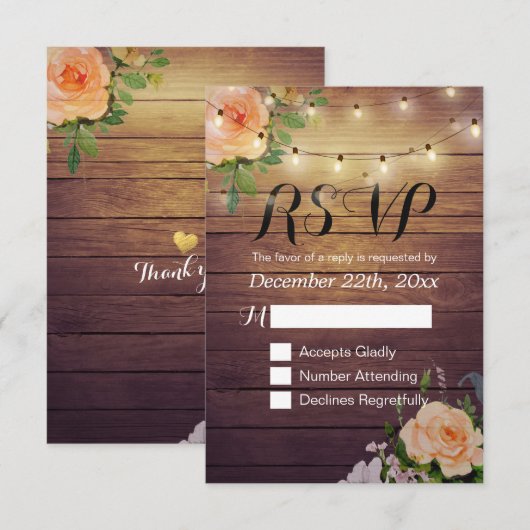 Rustikale Holzblumen-String Light Wedding RSVP Ant Karte (Vorne/Hinten)
