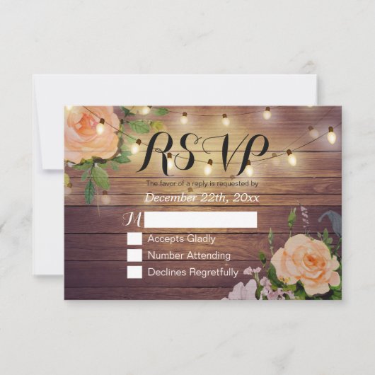 Rustikale Holzblumen-String Light Wedding RSVP Ant Karte (Vorderseite)