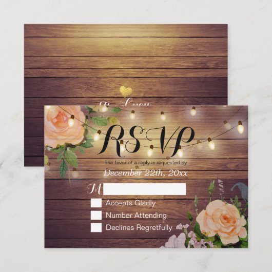 Rustikale Holzblumen-String Light Wedding RSVP Ant Karte (Vorne/Hinten)