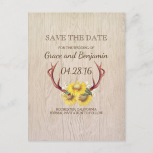 Rustikale Holzblumen und Antler Save the Date Ankündigungspostkarte