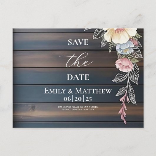 Rustikale Holzblumenhochzeit rettet das Datum Ankündigungspostkarte (Vorderseite)