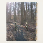 Rustikale Holzbrücke zwischen hohen Bäumen Planer (Rückseite)