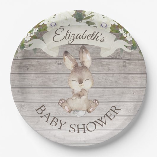 Rustikale Holzbunny Rabbit Custom Baby Dusche Pappteller (Vorderseite)
