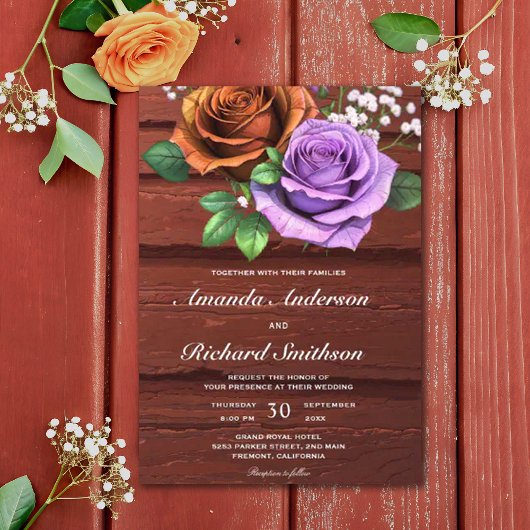 Rustikale Holzburnt Orange Rose Hochzeit Einladung