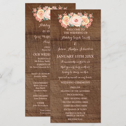 Rustikale Holze Pfirsich Blumen Hochzeitsprogramm Programm (Vorne/Hinten)