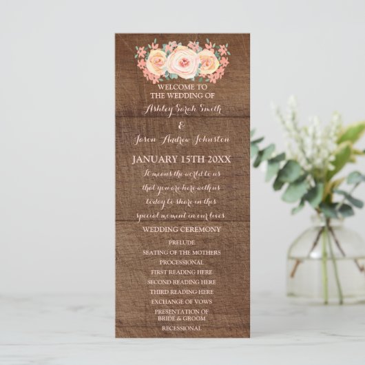 Rustikale Holze Pfirsich Blumen Hochzeitsprogramm Programm (Stehend Vorderseite)