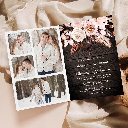 Rustikale Holzerde Elfenbein Blumen QR Code Hochze Einladung