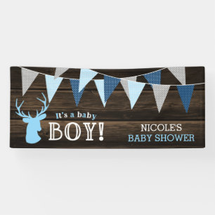 Rustikale hölzerne blaue Rotwild-Jungen-Babyparty Banner