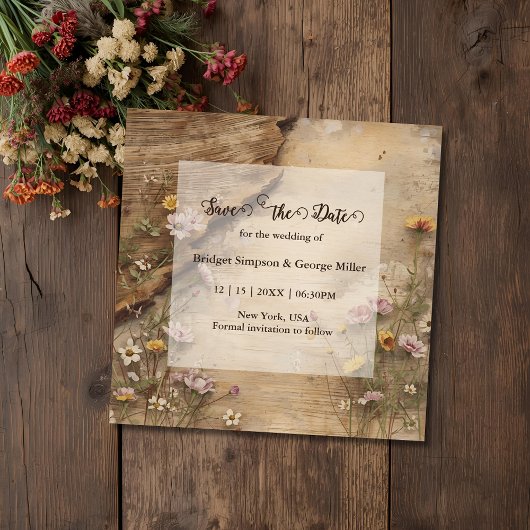 Rustikale hölzerne bohemianische Hochzeit mit Blum Save The Date