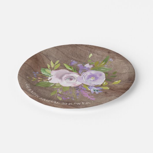 Rustikale hölzerne Lavendel-Blumen-Dusche 7" Pappteller (Schrägansicht)