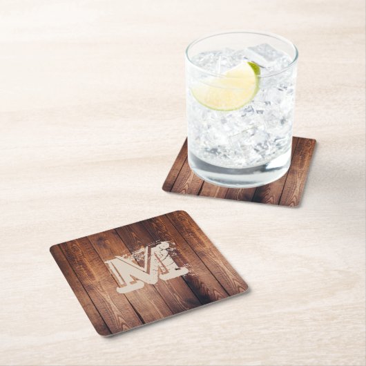 Rustikale hölzerne mit Monogramm Initiale Rechteckiger Pappuntersetzer (Vor Ort)