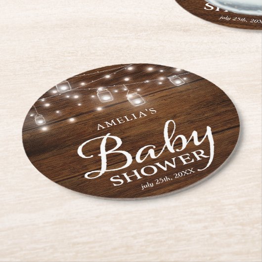 Rustikale hölzerne Weckglas-und Licht-Babyparty Runder Pappuntersetzer (Angewinkelt)