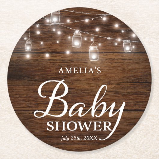 Rustikale hölzerne Weckglas-und Licht-Babyparty Runder Pappuntersetzer (Vorderseite)