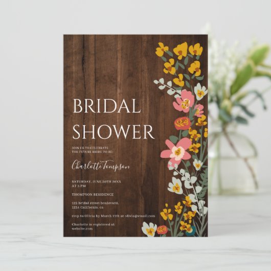 Rustikale Holzfall Retro-Blume Brautparty Einladung (Stehend Vorderseite)