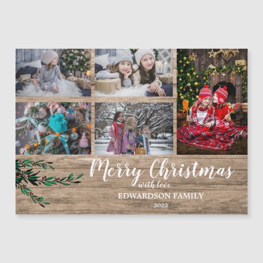 Rustikale Holzfamilie Collage Weihnachtsmagnetisch Magnetkarte (Vorderseite)