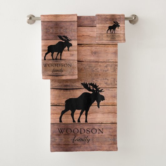 Rustikale Holzfamilie Name Elch Badetuch Set (Insitu)
