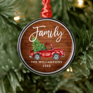 Rustikale Holzfamilie Pinselschrift Vintag Red Tru Ornament Aus Metall