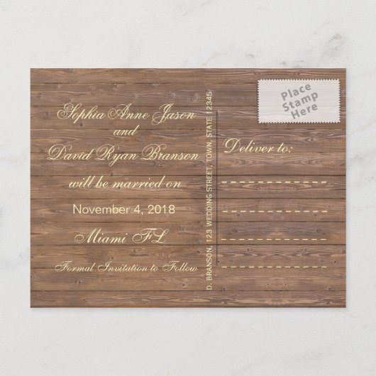 Rustikale Holzfass-Hochzeit SAVE THE DATE geschnit Ankündigungspostkarte (Rückseite)