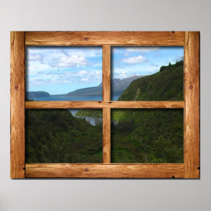 Rustikale Holzfenster mit Blick auf Neuseeland Poster