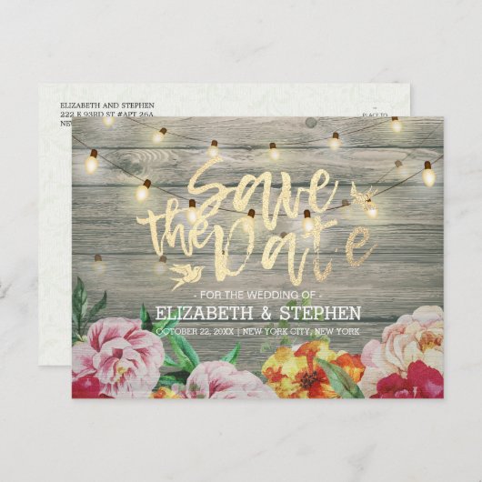 Rustikale Holzflorenleuchten Save the Date Ankündigungspostkarte (Vorne/Hinten)