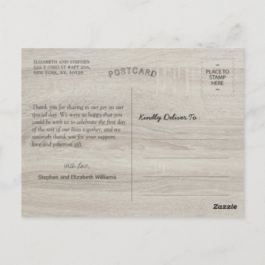 Rustikale Holzflorenlichter Hochzeit Danke Postkarte (Rückseite)